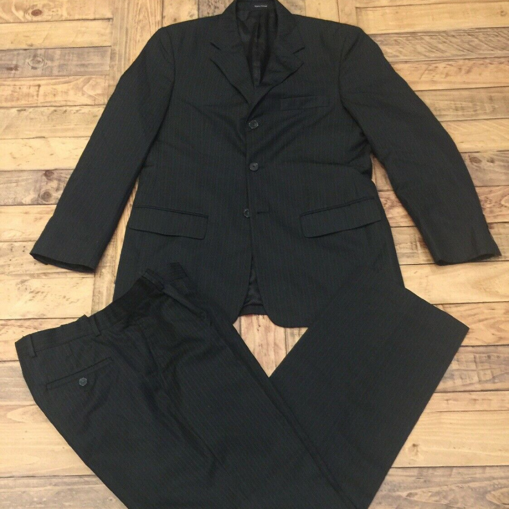 Geoffrey Beene Mens Black Suit Pinstriped 38R 32W